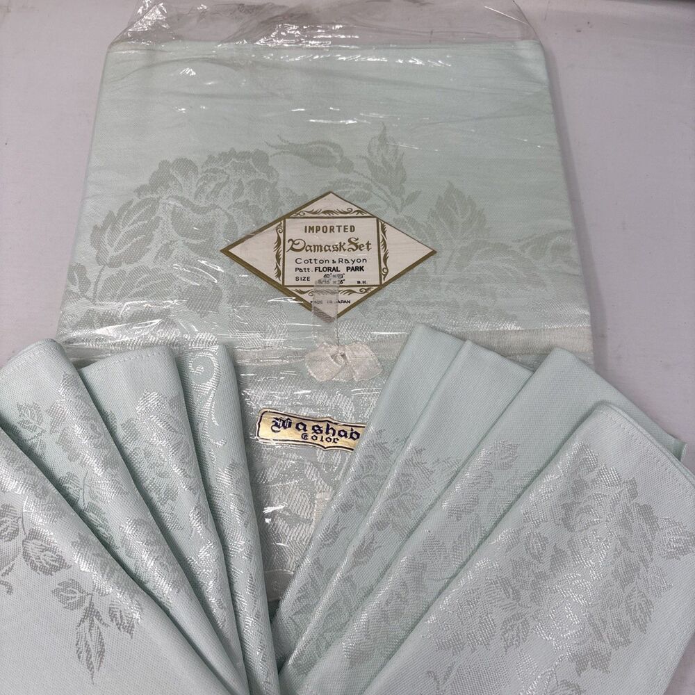 Vtg Japan Damask Tablecloth 60x90 8 Napkins Floral Park Mint Green Lt Aqua NOS